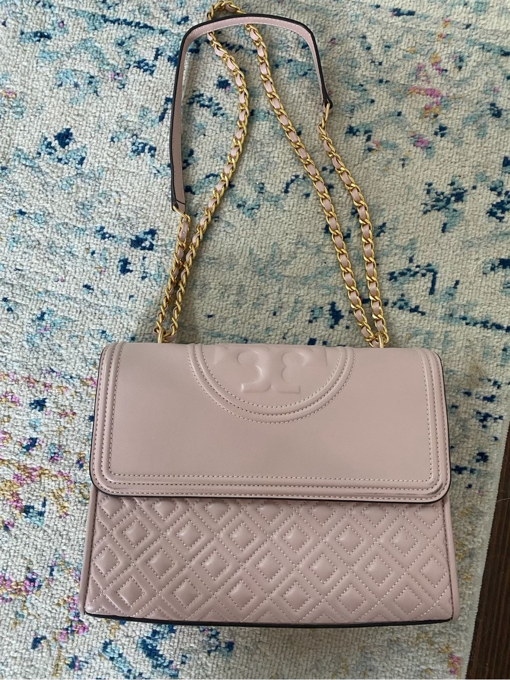 Tory Burch Quilted Pale Pink Kira Shoulder Bag with Gold Chain